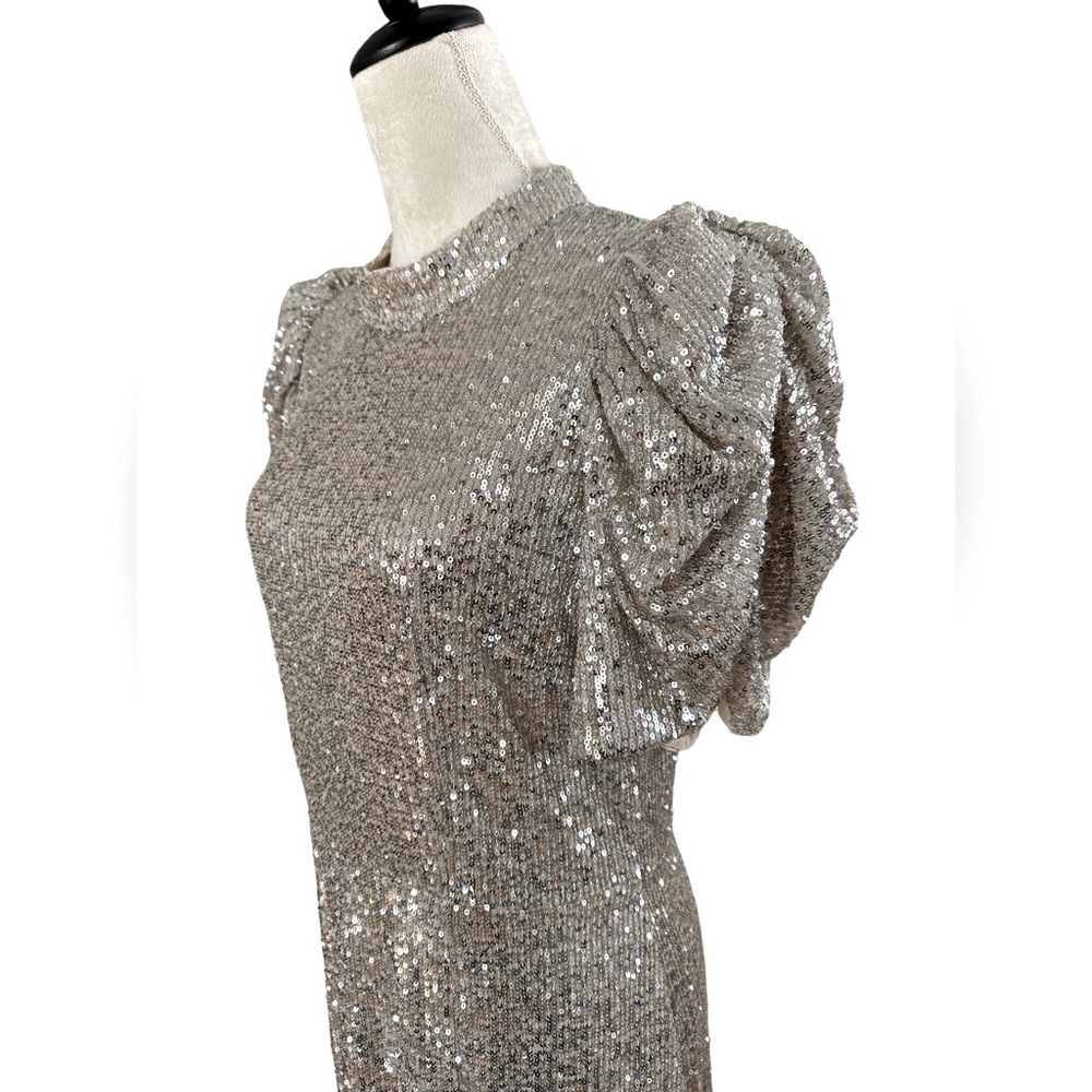 H&M Holiday Collection grey silver puff sleeves midi sequin sparkle dress - Picture 3 of 10